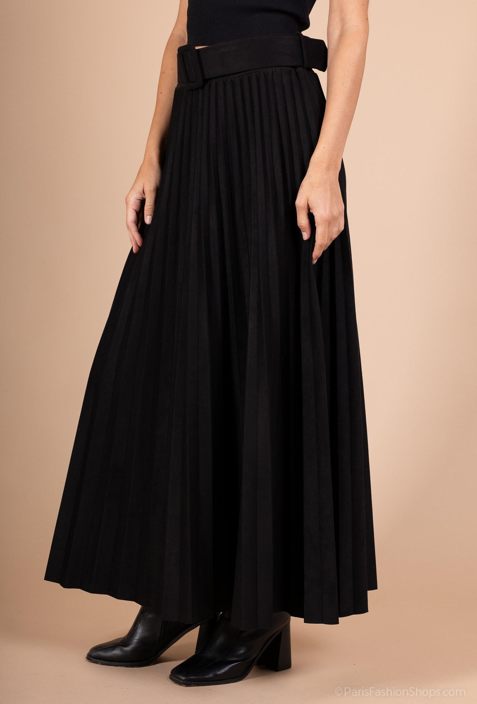 Jupe Longue Plissée en Suédine